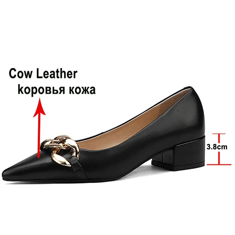 Meotina Genuine Leather Women Shoes Chain Thick Heels Pumps Pointed Toe Med Heel Ladies Footwear 2022 Spring Beige Apricot 42