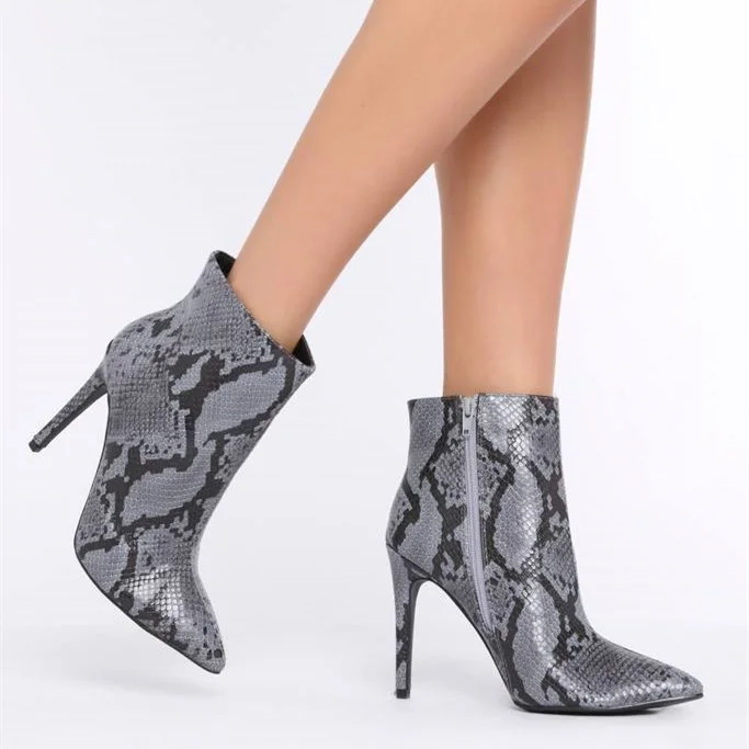 Grey Snakeskin Ankle Boots with Stiletto Heels and Pointy Toe Vdcoo