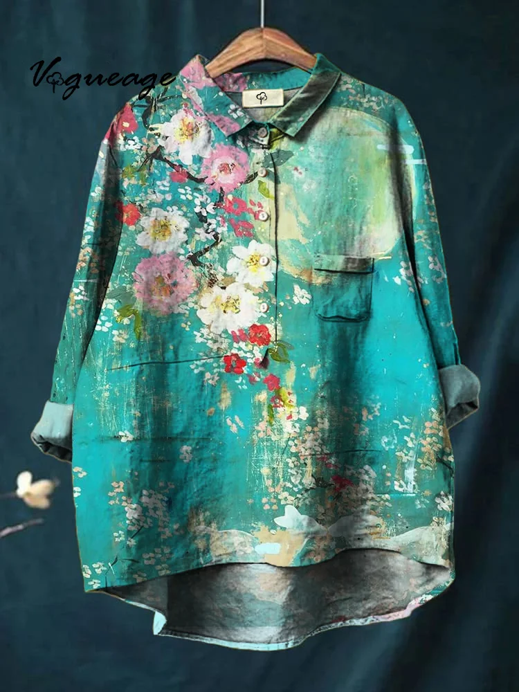 Gentle Elegant And Versatile Flowers Printed Cotton And Linen Shirt