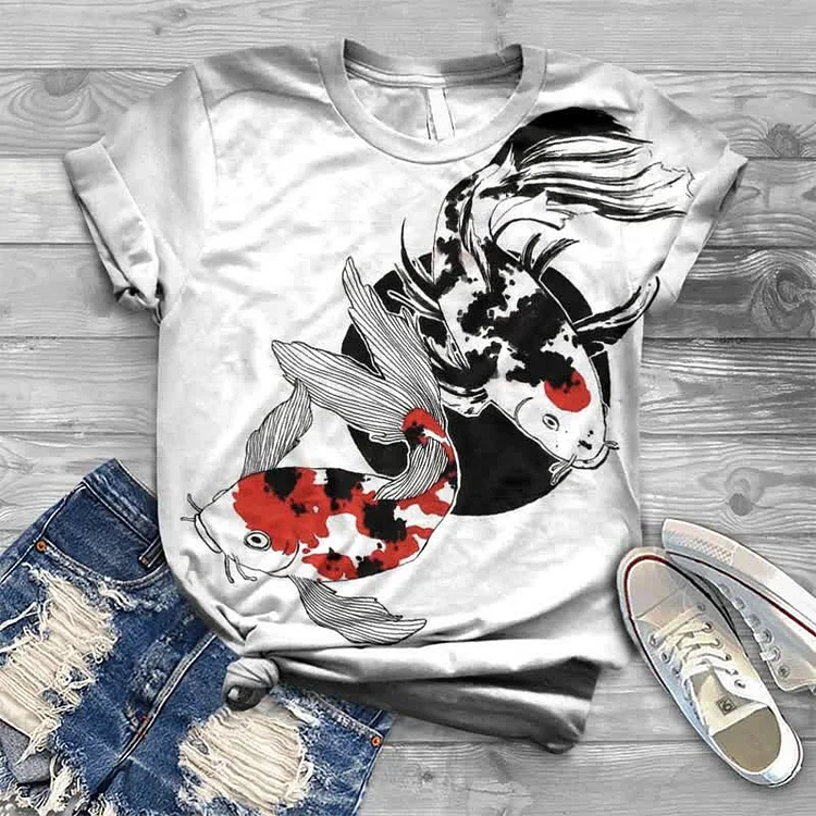 Contrast Color Koi Japanese Print T-shirt