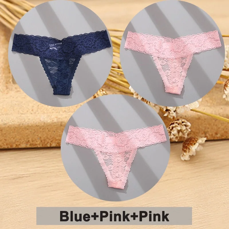 3PCS/Set Lace Panties Full Floral Underwear Women Panties Underpants Sexy Briefs Thong Lace G-String Female Lingerie Intimates