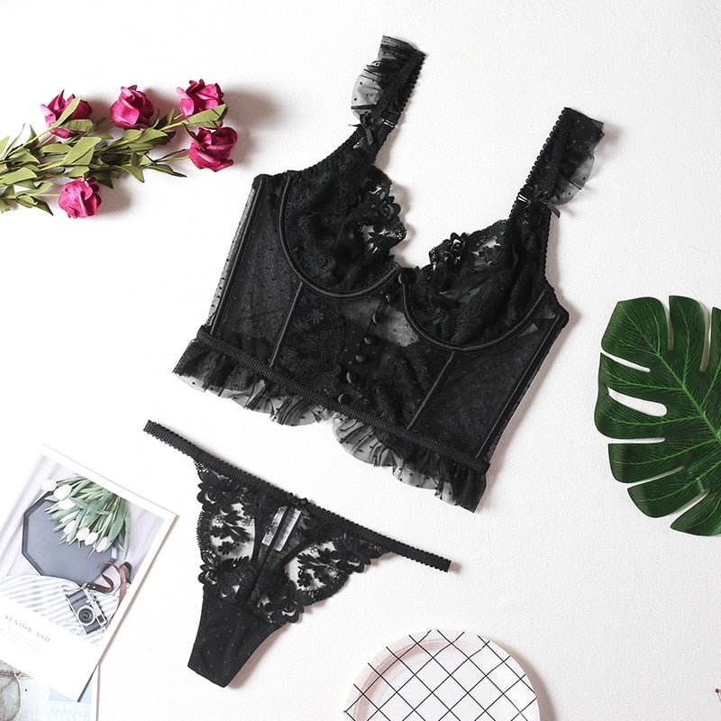 Embroidery Sexy Lingerie Women Thin Transparent Lace Push Up Bra Set Small Chest Bralette+Thong 2021 French Secret Underwear Set
