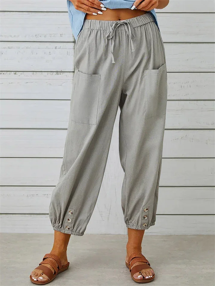 New Loose Type Comfortable Casual Mid-waist Button Cotton Linen Pants Nine-quarter Pants Wide Leg Women's Pants S,M,L,XL,XXL,3XL,4XL,5XL