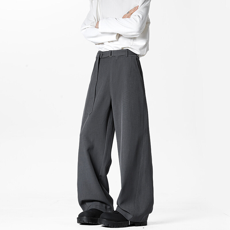 Grey Belt Suit Pants Men Fashion Society Mens Black Dress Pants Korean Loose Wide Leg Pants Mens Office Formal Trousers M-3XL