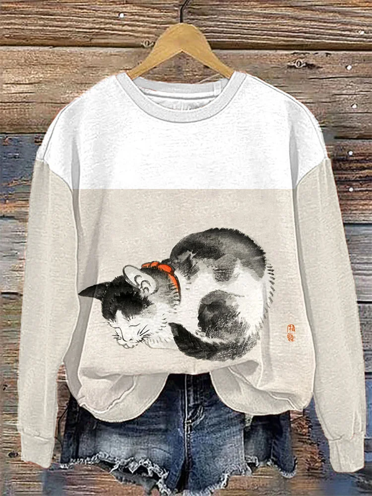 Japanese Art Sleeping Cat Print Sweatshirt