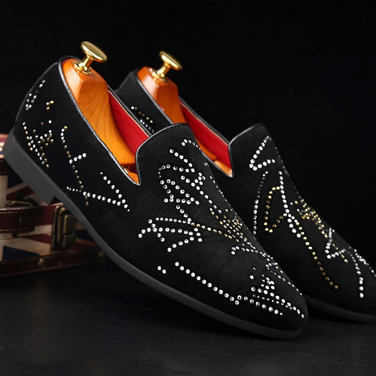 PU Leather Rhinestone Flat Slip-On Loafers Shoes