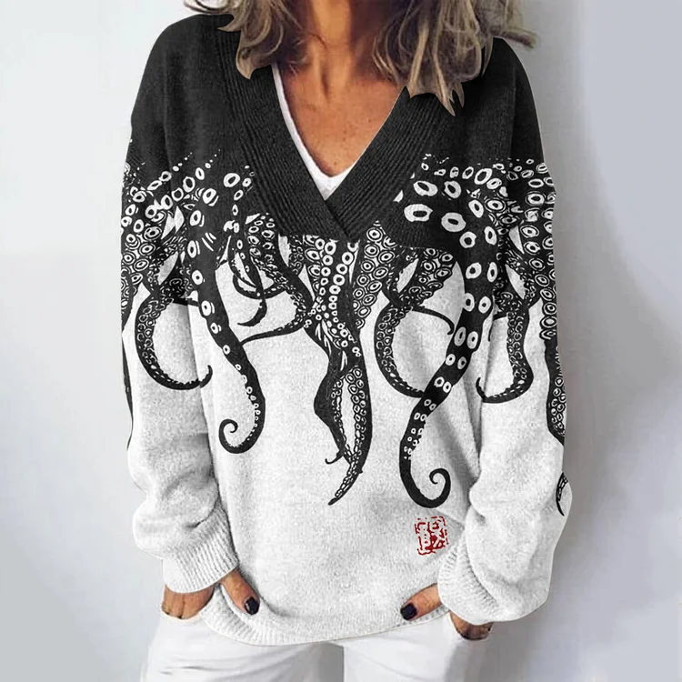 Women's Japanese Art Octopus Legs Art Printed Light Sweater