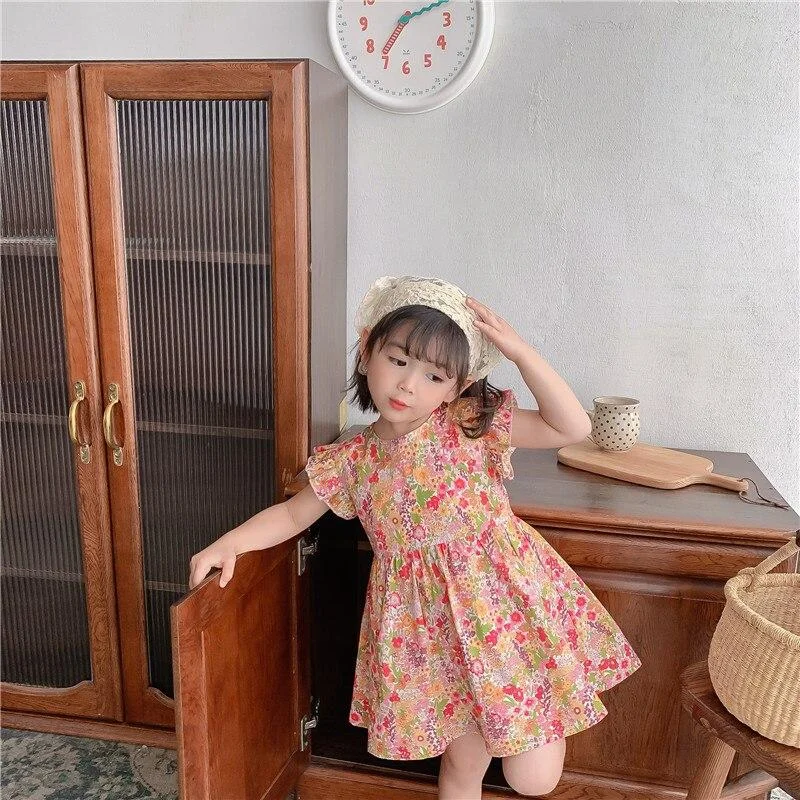 1-7T Toddler Kid Baby Girl Floral Dress Elegant Summer Ruffle Short Sleeve Flower Print Sundress Cute Sweet Party Outfit Clothes