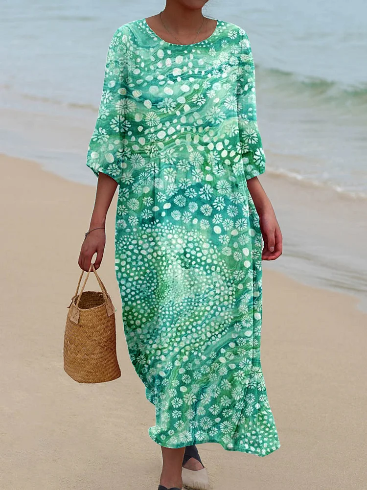 Womens Spring Gradient Color Pattern Pocket Cotton Dress