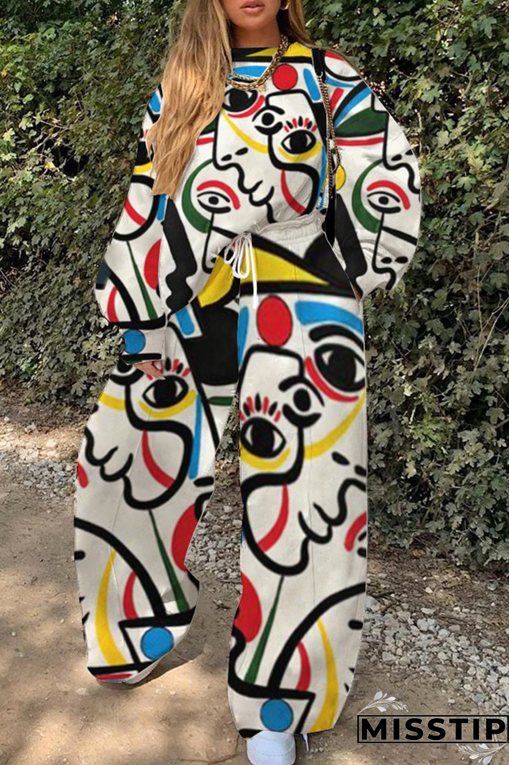 White Street Print Patchwork O Neck Long Sleeve Two Pieces