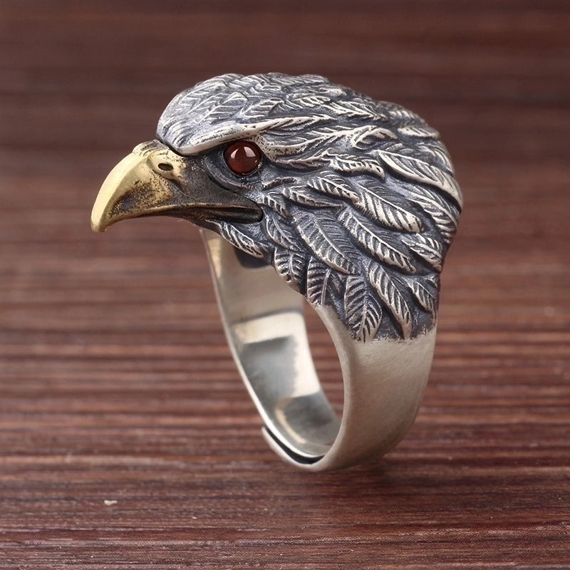 Retro Eagle Copper Plating Inlay Artificial Gemstones Men’s Open Rings