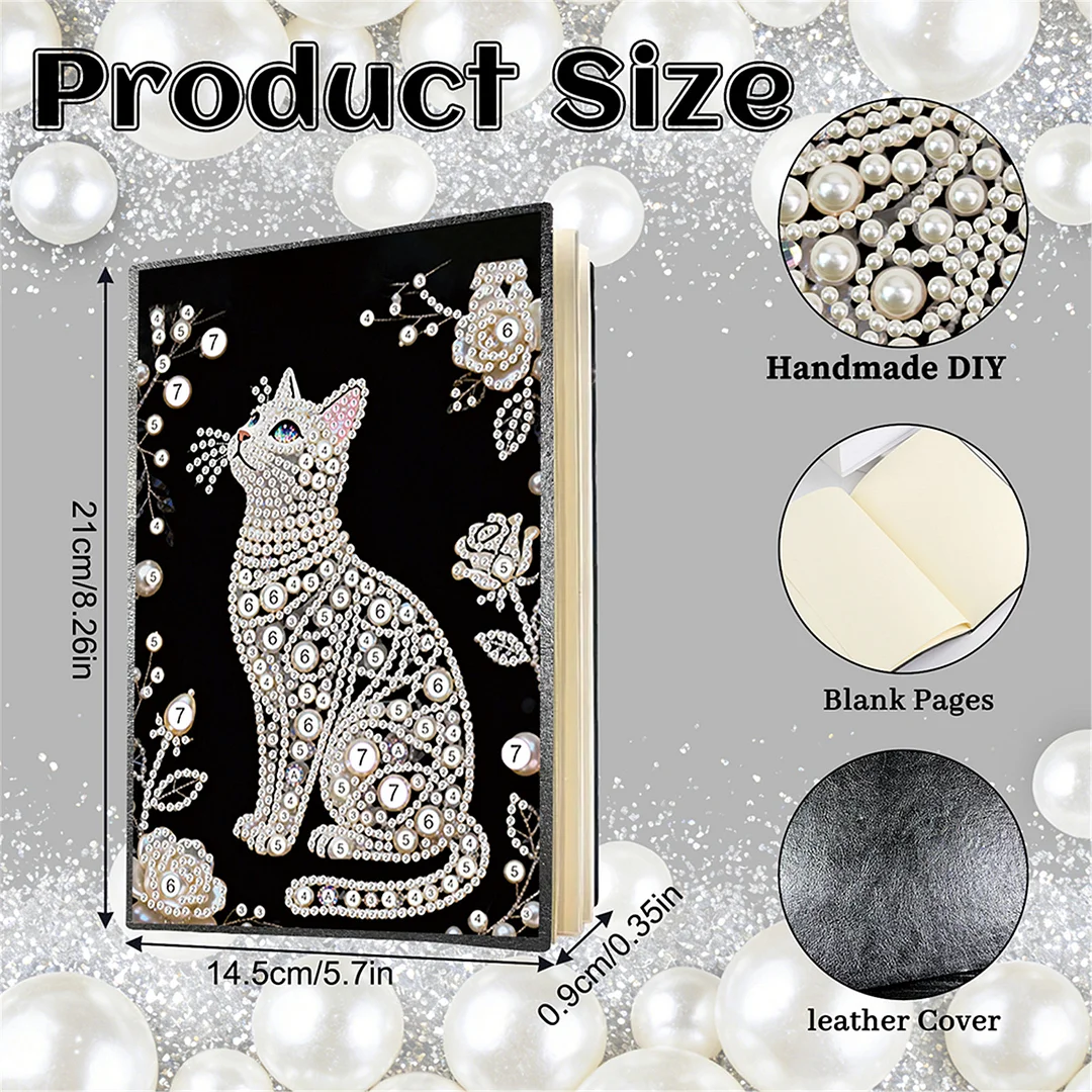 Flowers and Cat Partial Pearl DIY 50 Pages A5 Diamond Painting Notebook Special Shaped Diamond Art Diary Book Kits Wireless Strip 5D Crystal Art Paintings Sketchbook for Art Drawing