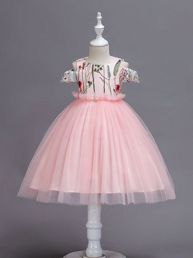 Oknass Short Sleeve Jewel Neck Ball Gown Flower Girl Dress Tulle With Bow  Appliques