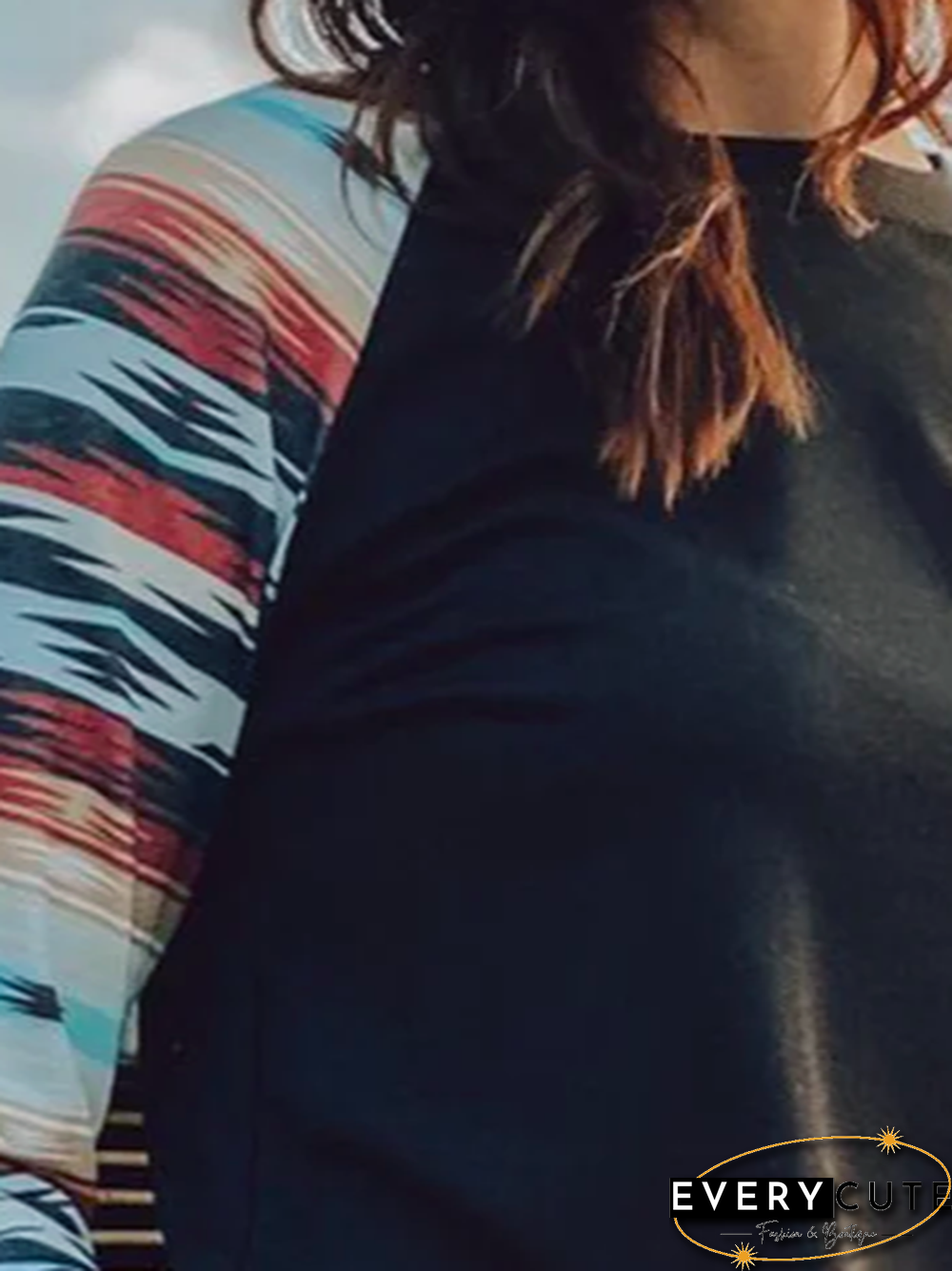 Black Cotton-Blend Long Sleeve Printed Geometric T-shirt