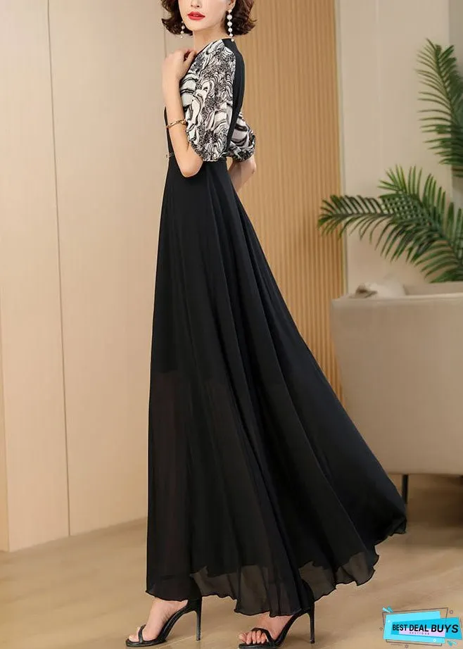 Vogue Black Print Patchwork High Waist Sashes Chiffon Maxi Dress Summer