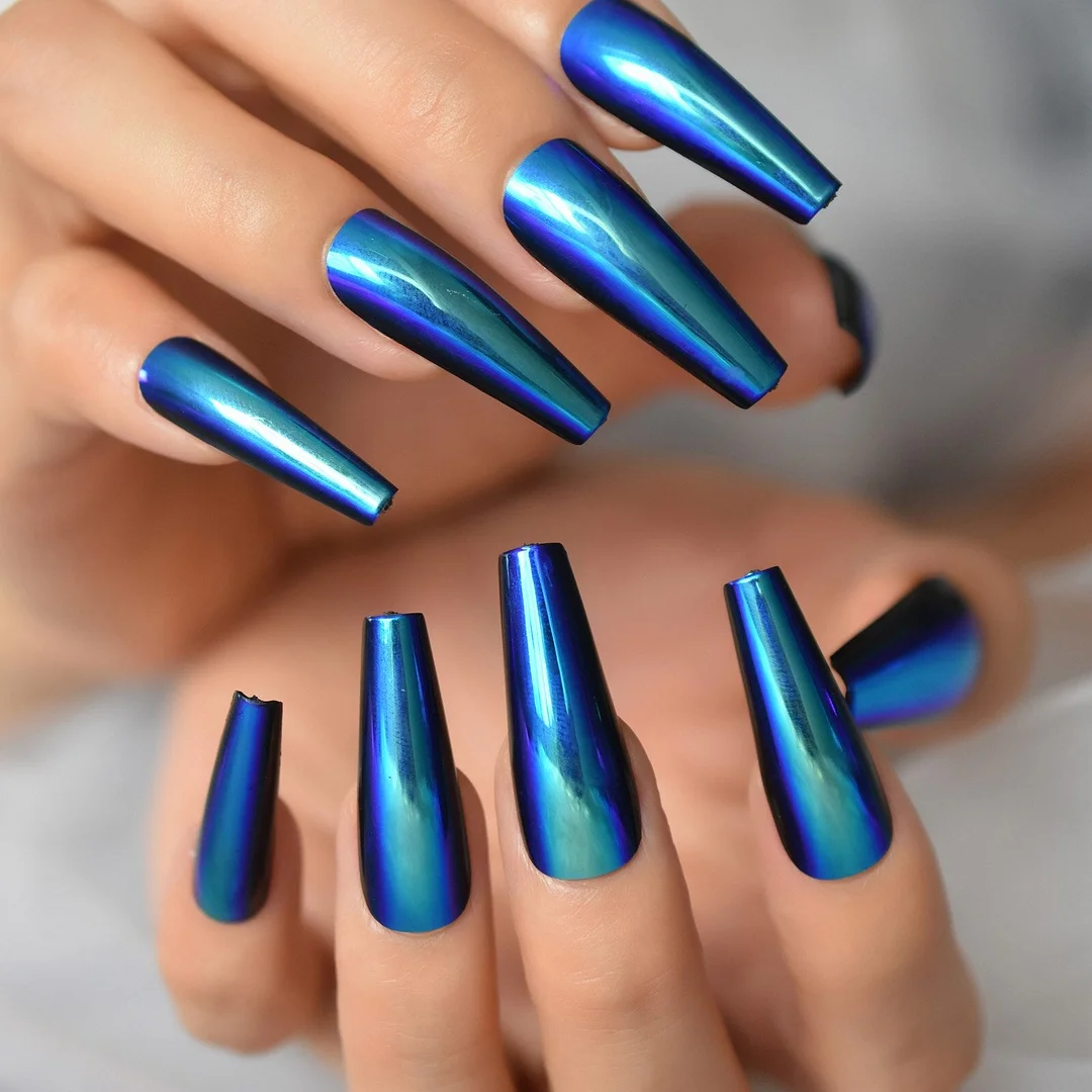 Chrome Metallic Fake Nails Set Mirror Extra Long Press On Nails Coffin Ballerina Blue Acrylic False Nail Art Tips For Women-Nail Inspo