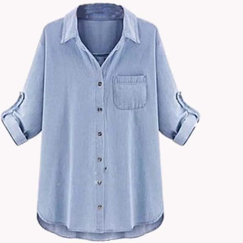 Plus Size XXXXXL 5XL-XL Woman Denim Blouses 2019 Feminine Blusa Jeans High Street Style Pocket Jean Shirt Vetement Femme T64601R