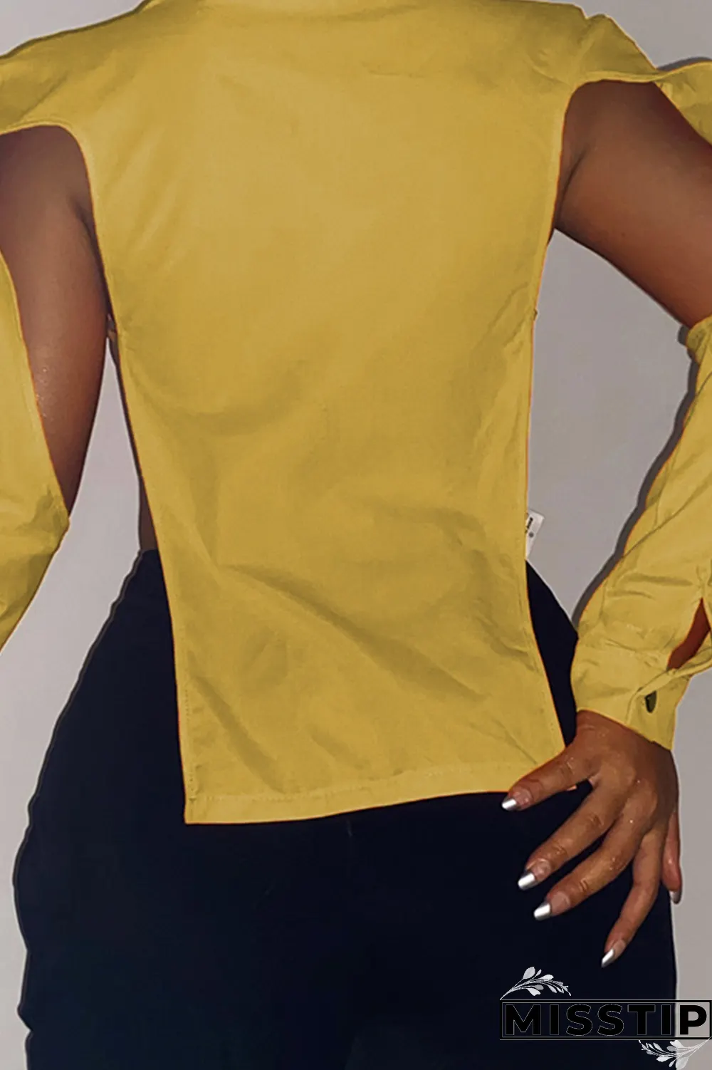 Grey Sexy Solid Hollowed Out Turndown Collar Tops