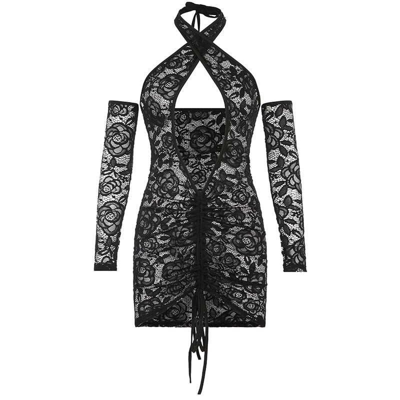 BIIKPIIK Tassel Stitching Sexy Dress For Women Evening Clubbing Party Square Collar Halter Hollow Out Backless Lace Mini Dress