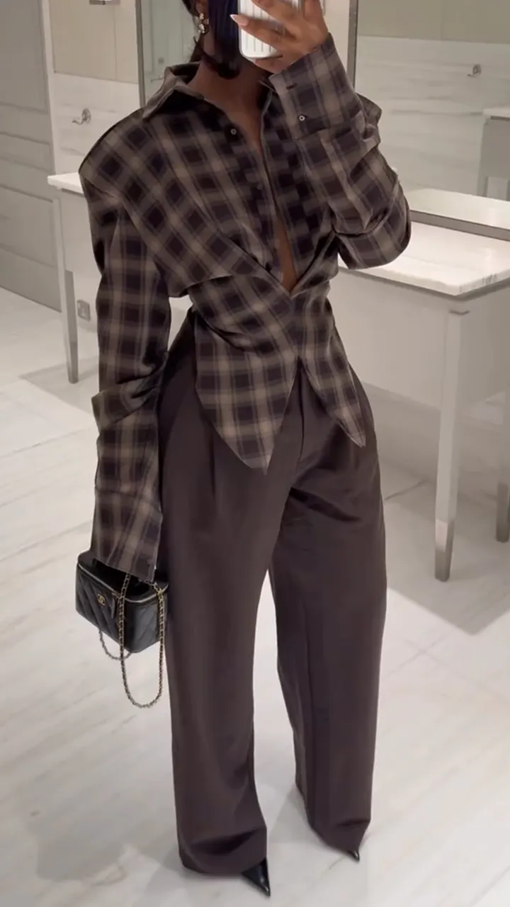 Autumn Plaid Asymmetrical Top & Pants Set &mdash; Elegant V-Neck Daily Wear Co-Ord