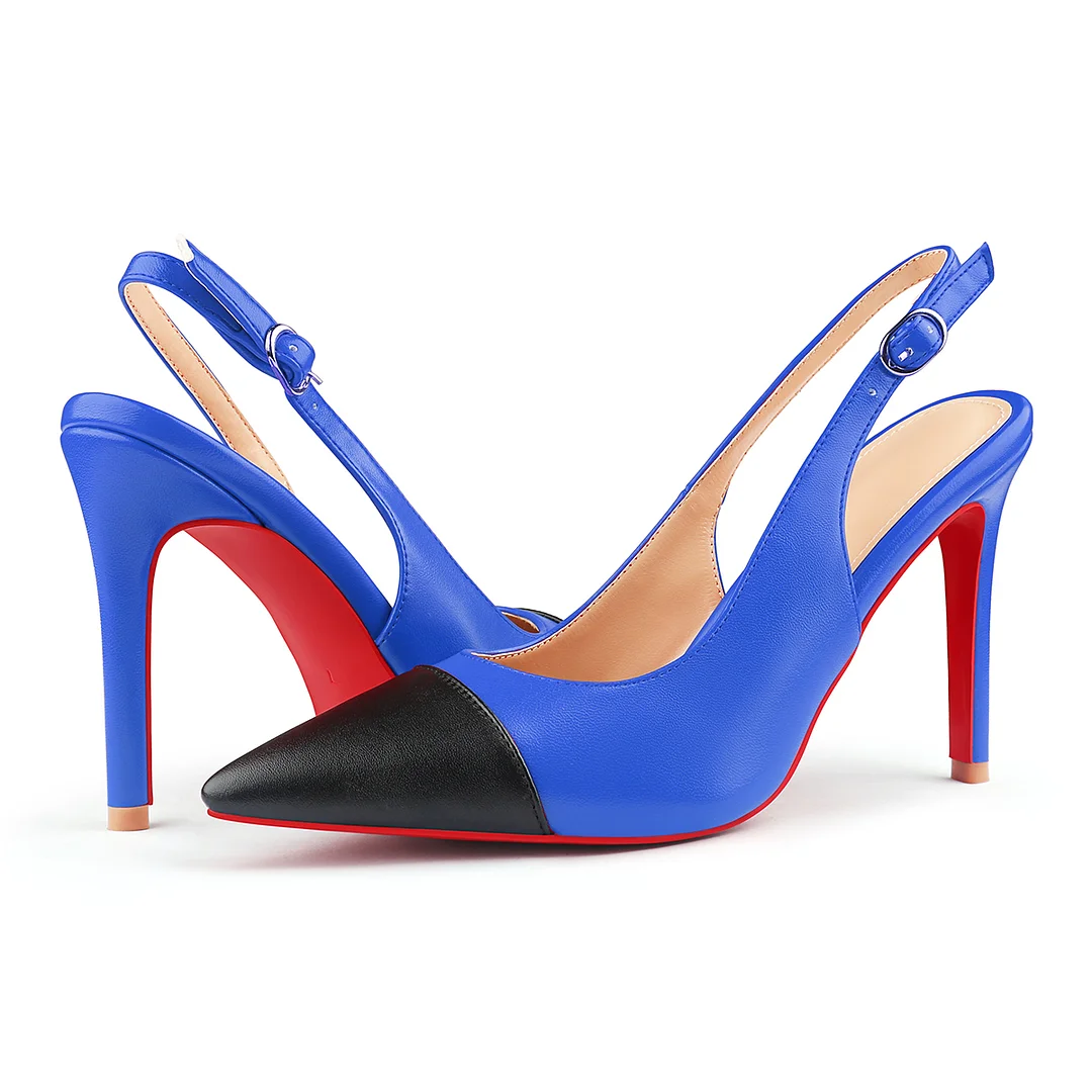 100mm Women's Sandals Black Stitching Pointed Toe Slingback Red Bottom Heels-MERUMOTE
