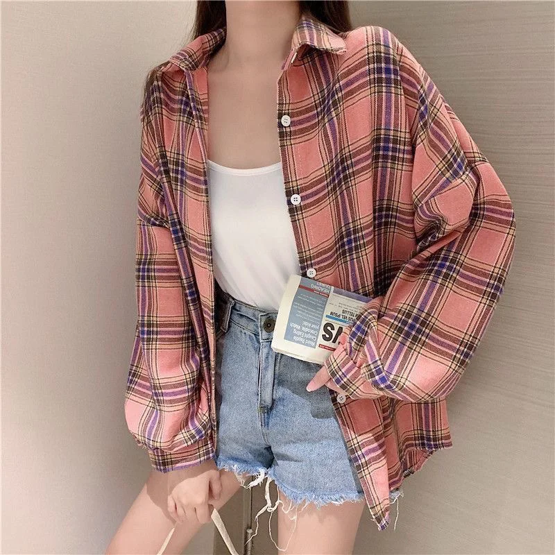 Uveng Uveng Plaid Shirt Woman 2025 Spring And Autumn Korean Version Of The Blouse Loose Hong Kong Style Long-Sleeved Shirt Woman