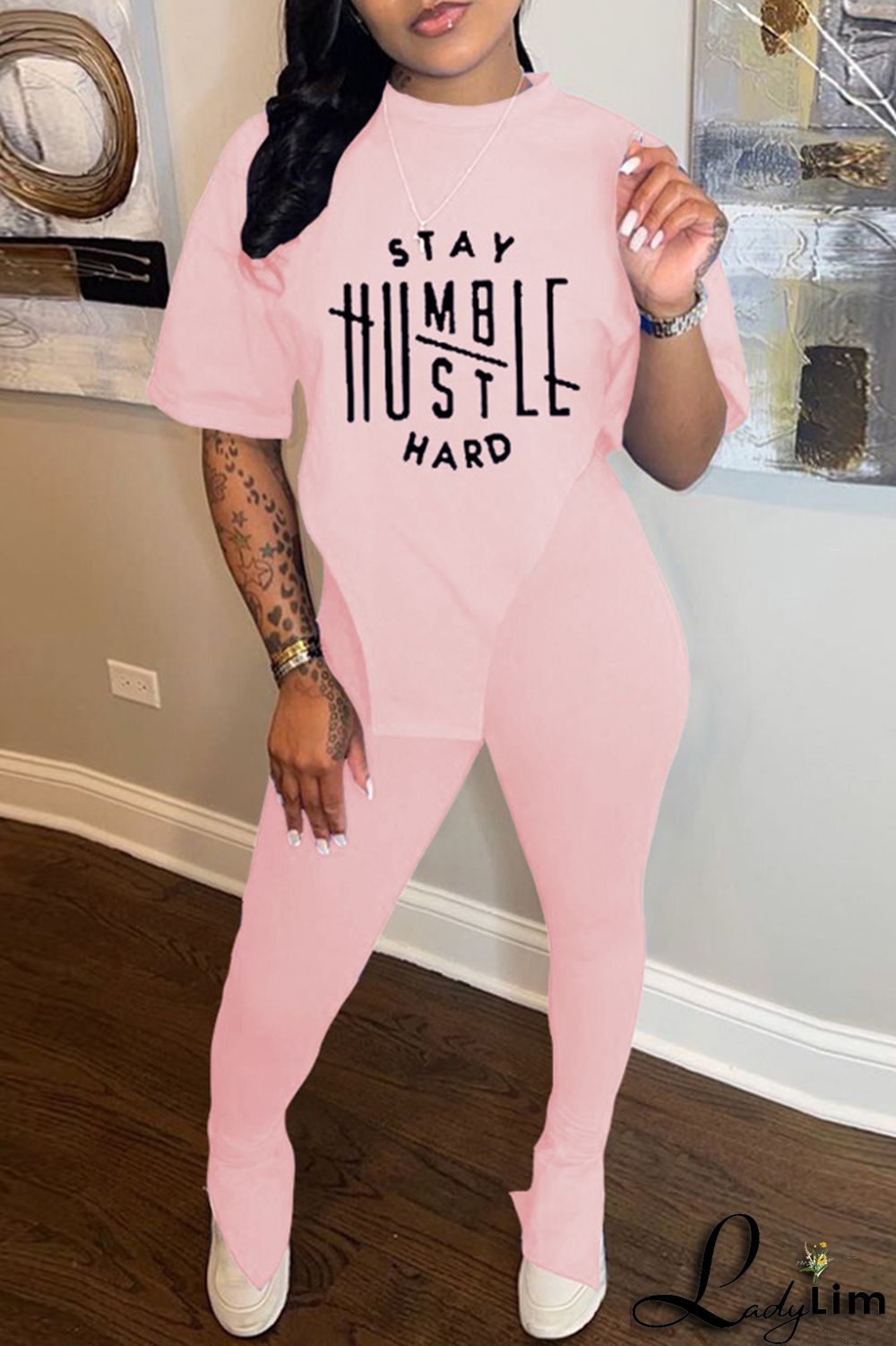 Pink Fashion Casual Print Slit Asymmetrical O Neck Short Sleeve Two Pieces