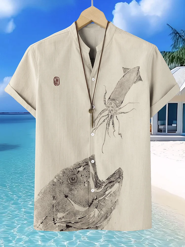 Men's Ink Art Fish Eats Squid Print Short Sleeve Shirt