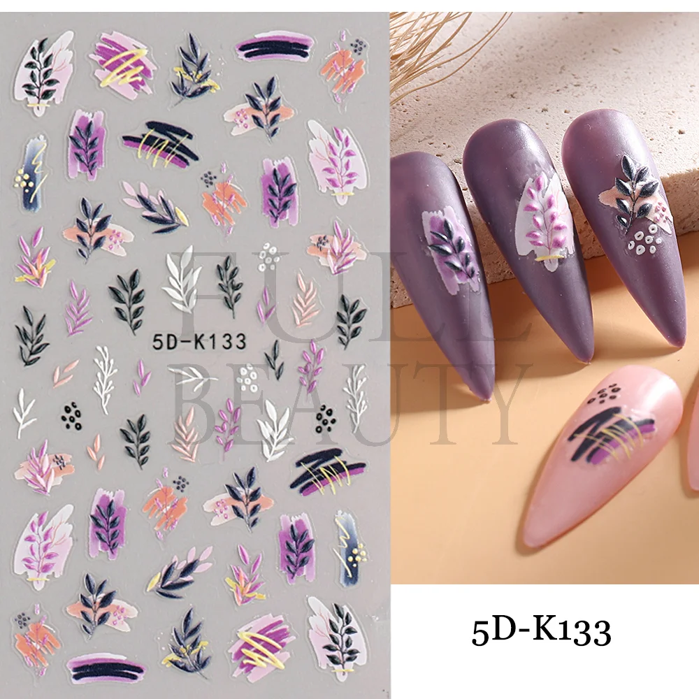 Churchf Nail Stickers Flowers Geometric Lines Decor Acrylic Embossed Sliders Gold Frame Nail Decals Cherry Blossom Manicure GLJI-5D05-Nail Inspo