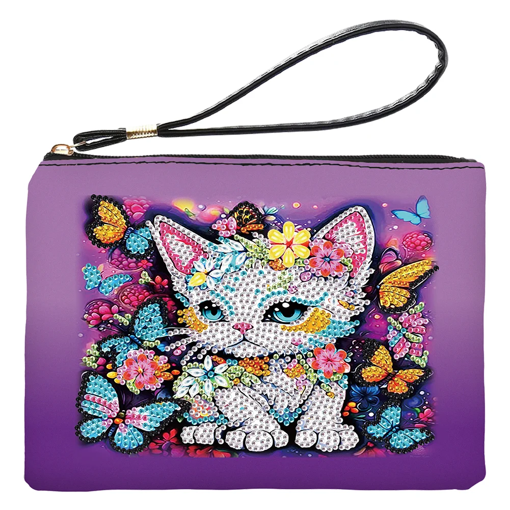 DIY Butterfly Cat PU Partial Special Shaped Diamond Painting Wallet Makeup Bag