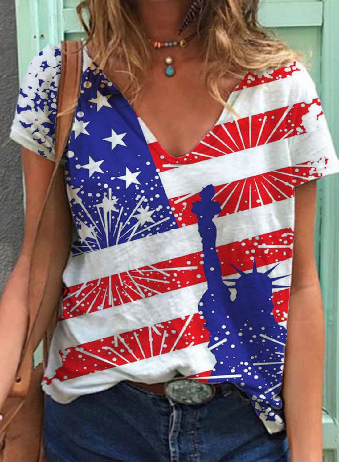 Women's American Flag Patriotic July 4th T-shirts Flag V-neck Color ...