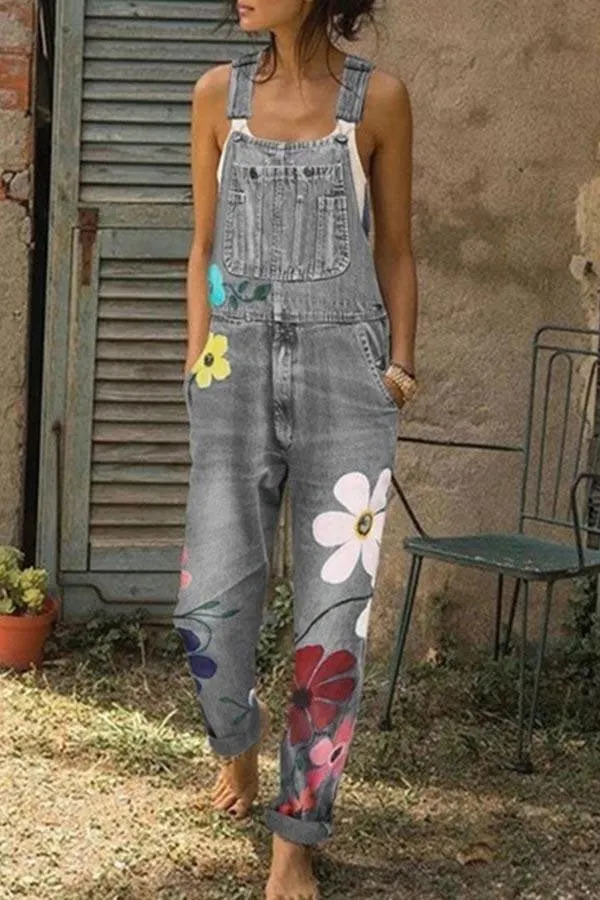 Fashion Flower Printed Denim Jumpsuits