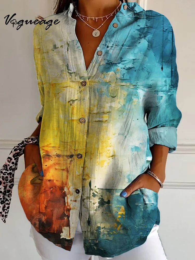 Bright And Intellectual Contrast Color Stitching Long Sleeve Printed Cotton And Linen Shirt