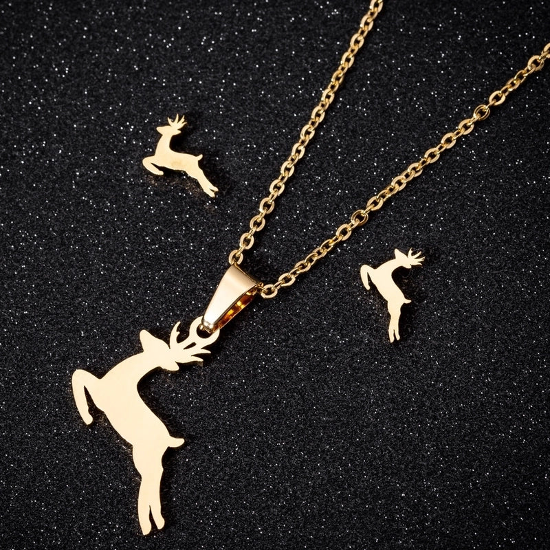Fashion Deer 201 Stainless Steel 18K Gold Plated Earrings Necklace