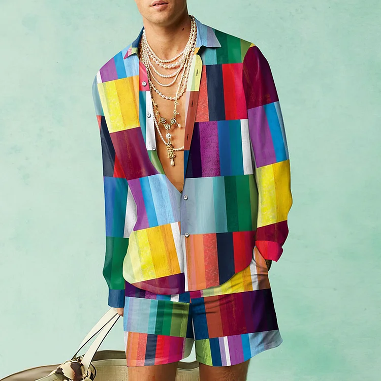 BrosWear Geometric Color Block Print Shirt And Shorts Co-Ord