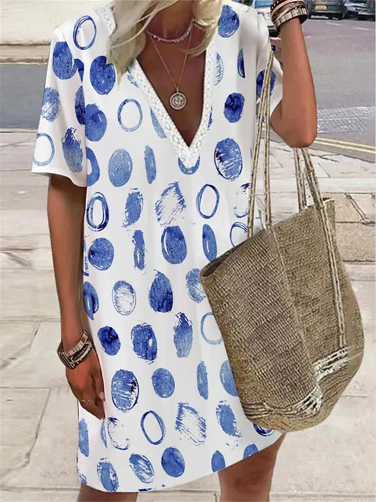 Women's Holiday Dress Polka Dot Print Lace V-Neck Mini Beach Dresses