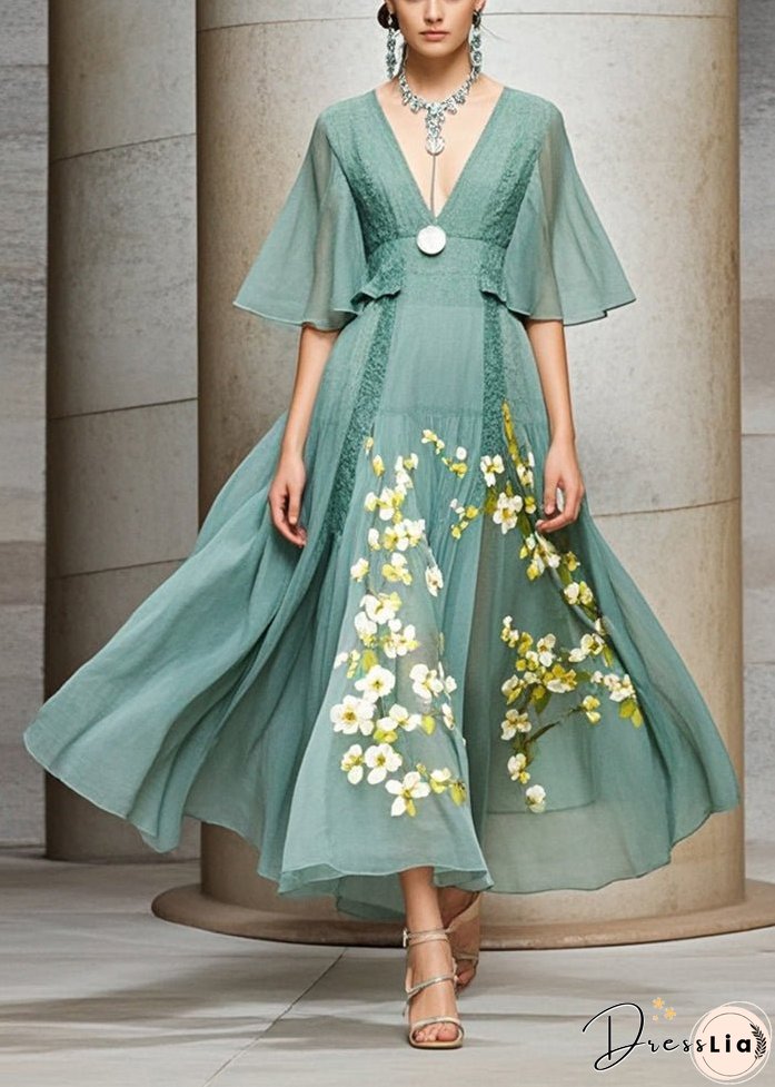 Stylish Green Cinched Print Chiffon Robe Dresses Summer