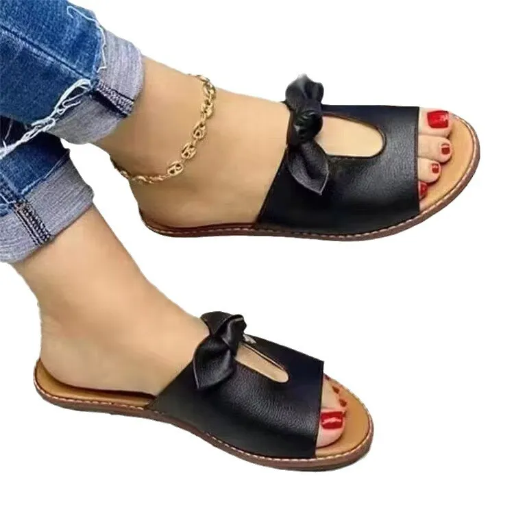 Yyvonne Version Of The Solid Color Bow Flat-Bottom Slippers Women Casual Fashion Slippers Women's Home Cold Slippers