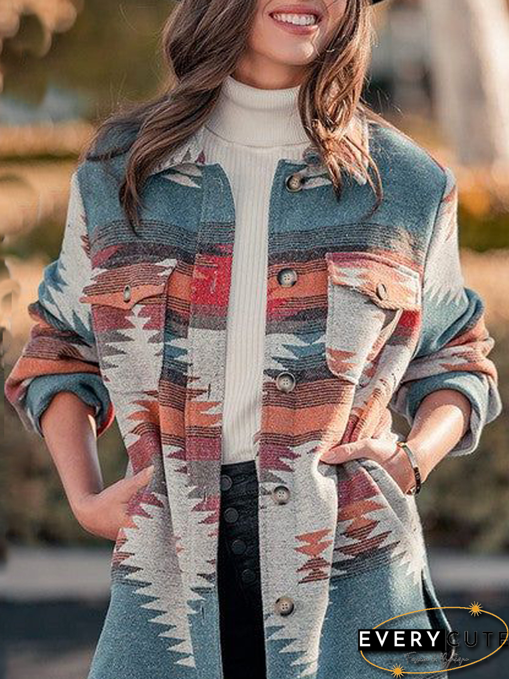 Casual Shirt Collar Ethnic Overcoat