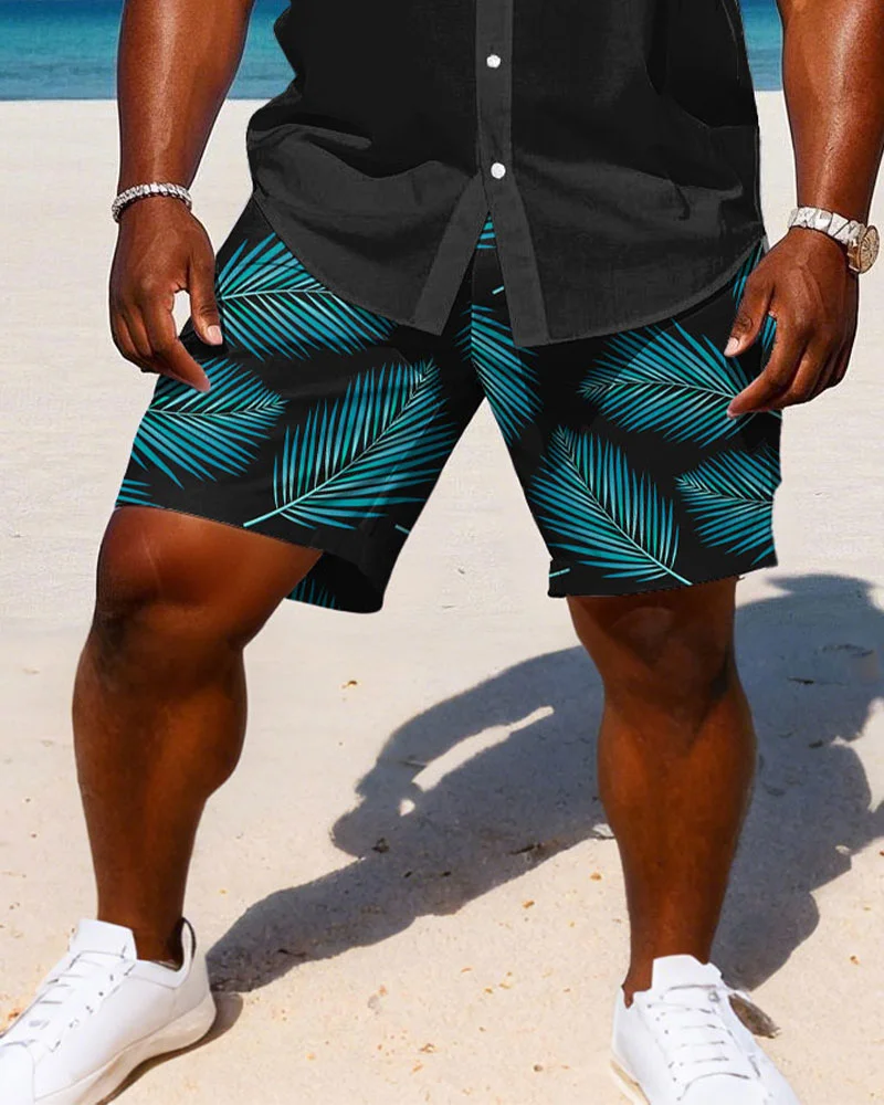 Men's Plus Size Hawaiian Black Fashion Plant Stitching Sleeveless Vest Shirt Shorts Suit