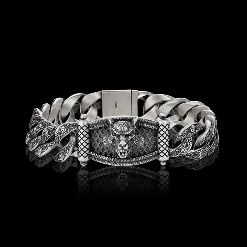 925 Sterling Silver Men's Trendy Retro Wolf Head Bracelet 