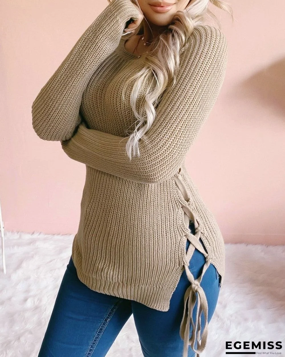 Side Lace Up Long Sleeve Casual Knit Sweater | EGEMISS