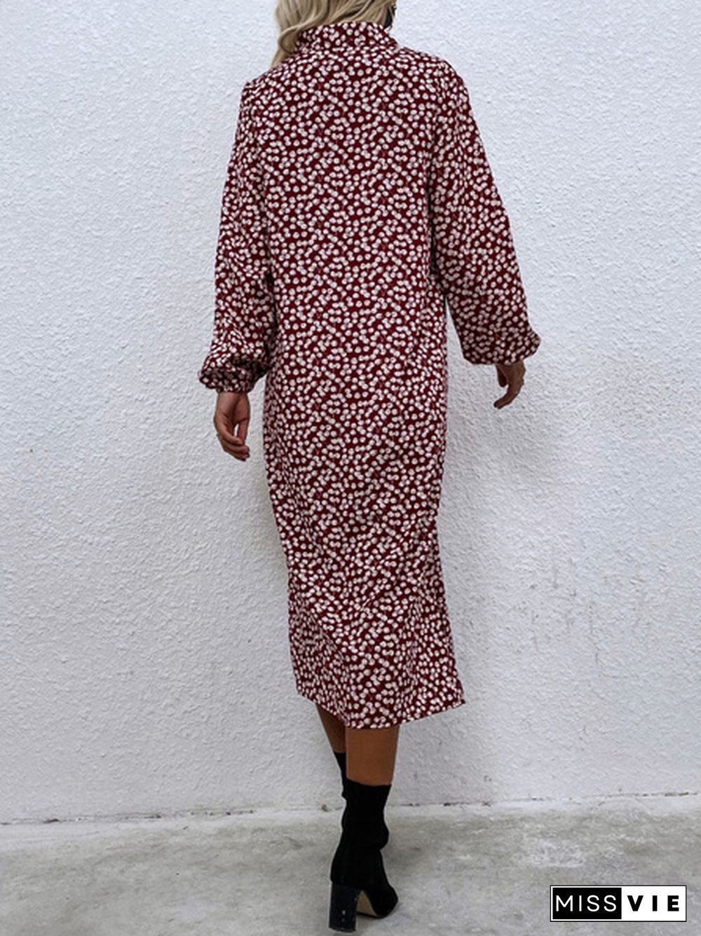 Cherry Print Red Lapel Long-Sleeved Single-Breasted Shirt Dress Without Belt