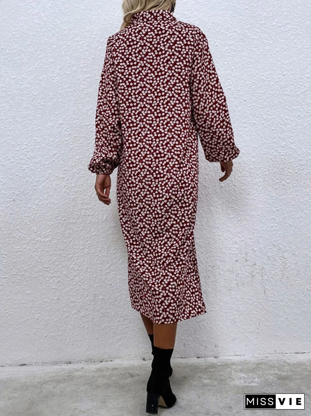Cherry Print Red Lapel Long-Sleeved Single-Breasted Shirt Dress Without Belt
