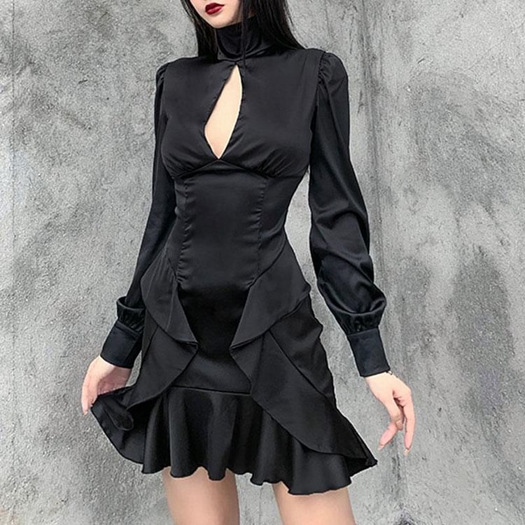 GOTHIC FLARE SKIRT HIGH NECK BLACK MINI DRESS