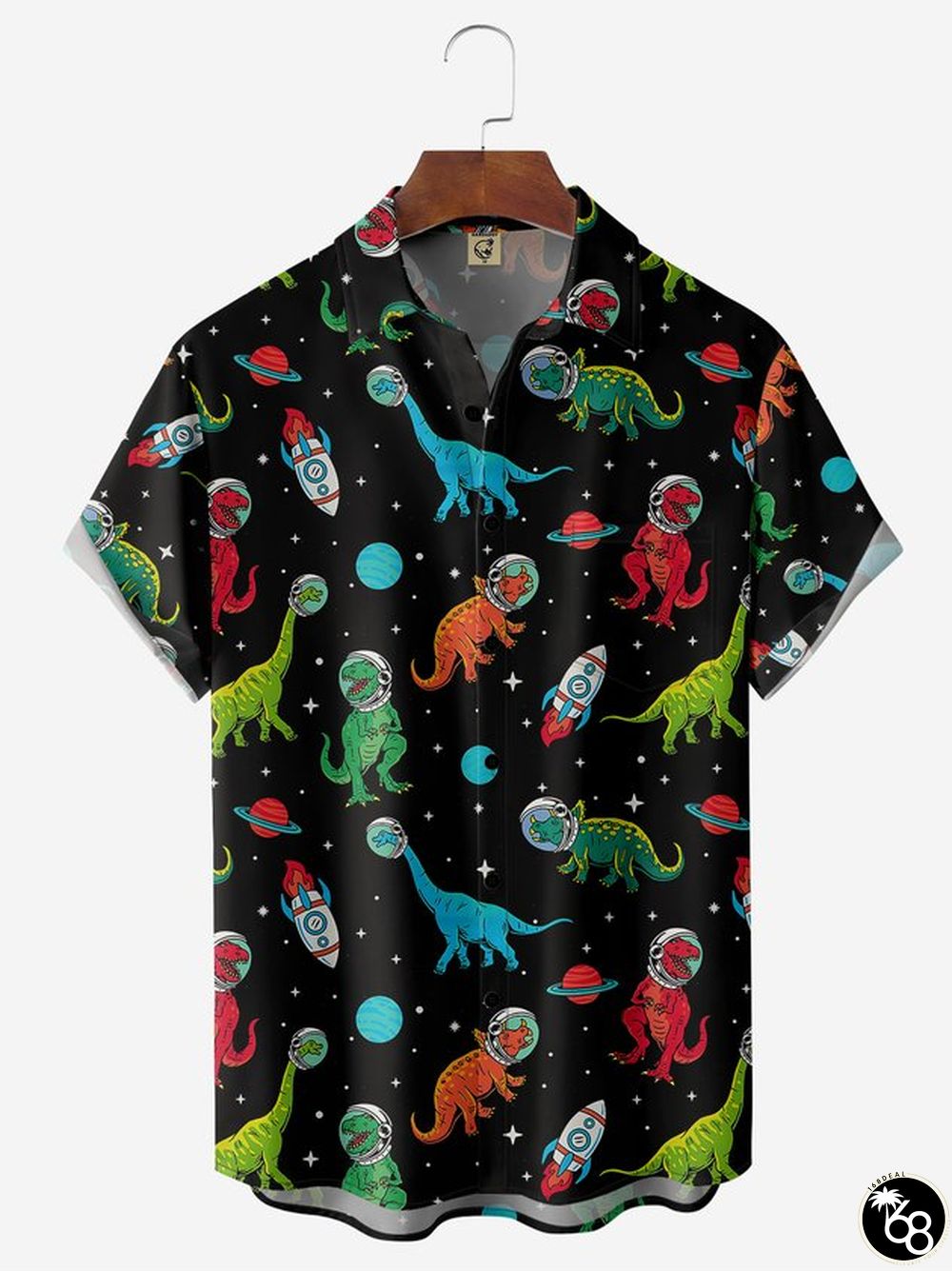 Moisture-wicking Cosmic Dinosaur Chest Pocket Hawaiian Shirt | 168DEAL