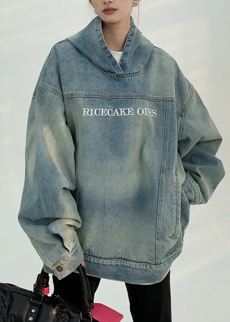 Vintage Denim Blue Patchwork Embroidered Hooded Coat Fall