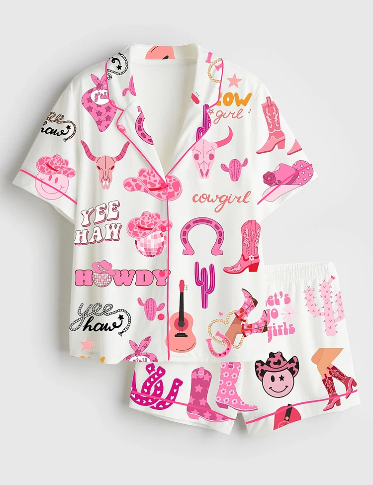Women&rsquo;s Cowgirl Boots Let's Go Disco Cowgirl Western Cow Skull Print Short Sleeve Satin Pajama Set