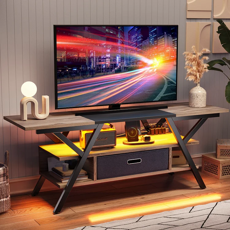 Bestier Modern TV Stand with LED & Outlets for TVs up to 65" Console Table with Y-shaped Legs, Pinewood