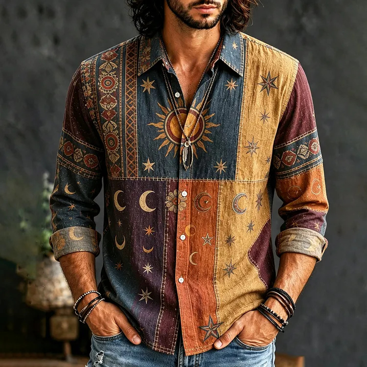 Men's Hippie Sun And Moon Element Patchwork Art Print Long Sleeves Shirt
